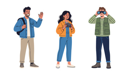 Fototapeta premium Three diverse people enjoying outdoor activities, one waving, one with a camera, and one using binoculars.