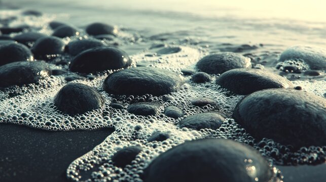 Dark, wet stones are washed by foamy seawater receding from a shore