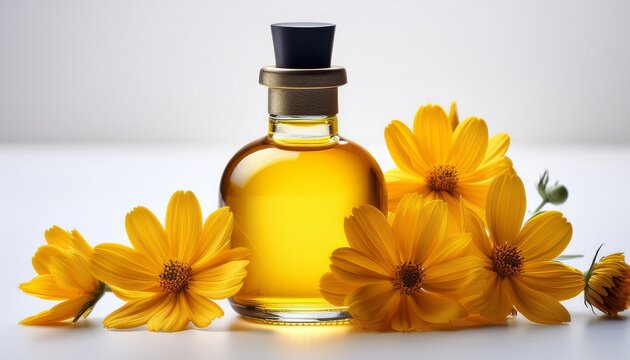 Yellow Flower Oil Bottle On White Background Wellness Product