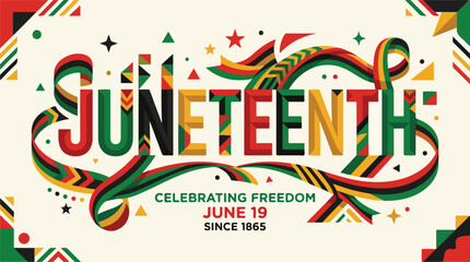 Juneteenth celebration typography with freedom message and ribbons © Lunar Studio