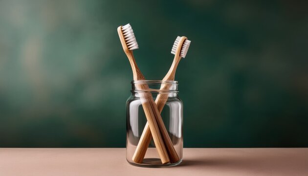 Natural Bamboo Toothbrushes In Glass Jar On Solid Onk Background