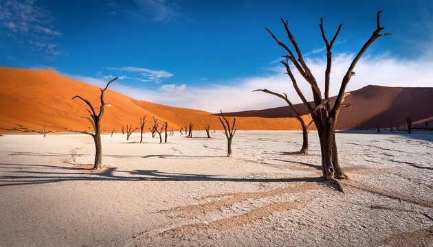 Dead Vlei Landscape With Cracked Salt Pan And Dry Trees In Namibia