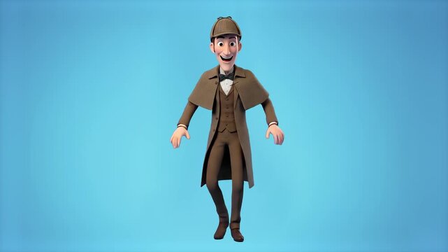 A stylized 3D animated character of the famous detective Sherlock Holmes wearing a trench coat and deerstalker hat dances joyfully. The investigator is isolated on a solid light blue background.