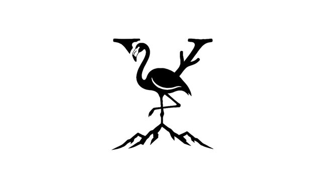 Black and white flamingo silhouette with mountain roots.