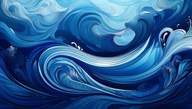 Abstract Ocean Background Featuring Fluid Shapes And Swirling Currents In Deep Blues