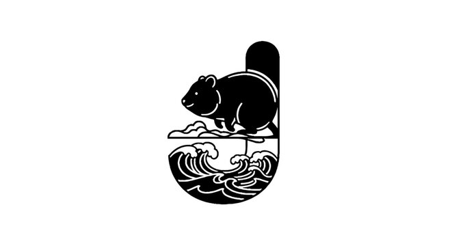 Black and white illustration of a rat on a wave.