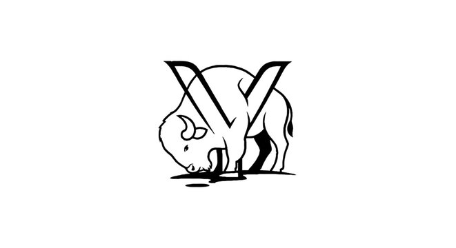 Black and white illustration of a rhinoceros inside a V shape.