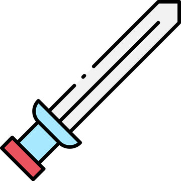 A minimalist icon depicting a silver sword with a red and blue hilt, symbolizing strength and combat