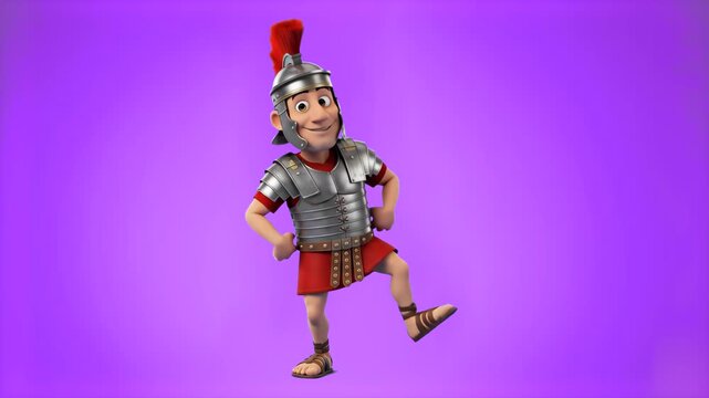 A stylized 3D cartoon Roman legionnaire wearing armor, a red tunic, and a plumed helmet dances energetically on a vibrant purple backdrop. Great for gaming promos, history education, animated shorts, 
