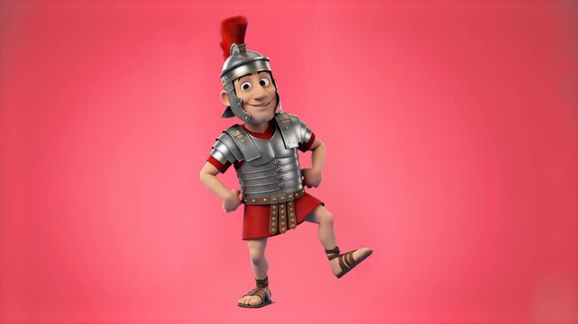 A stylized 3D animated Roman soldier wearing shiny armor and a crested helmet dances with high energy. The fun historical warrior character is isolated on a solid pink backdrop.