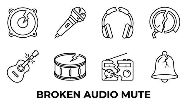 Broken audio mute icons set for sound equipment mute and damaged musical instruments line art.