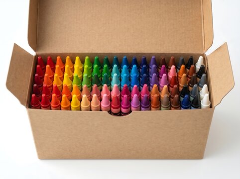Large variety pack of colorful wax crayons organized in a cardboard box for art and education