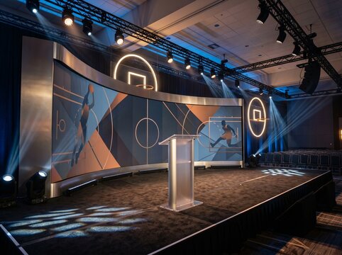 Modern event stage with podium and curved LED video wall featuring basketball graphics, professional stage lighting, spotlights, and empty chairs for corporate seminar.