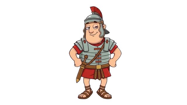 A 2D vector animation of a proud Roman soldier in full armor and helmet standing in a confident pose. The character is completely isolated on a clean white background, allowing for seamless integratio