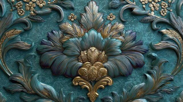 Intricate floral design in teal, gold, and blue, ornate detailing on a textured background