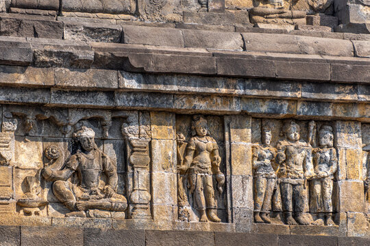 Borobudur, Magelang, Central Java, Indonesia, Relief appearance at Borobudur Temple depicting Buddhist ritual ceremonies