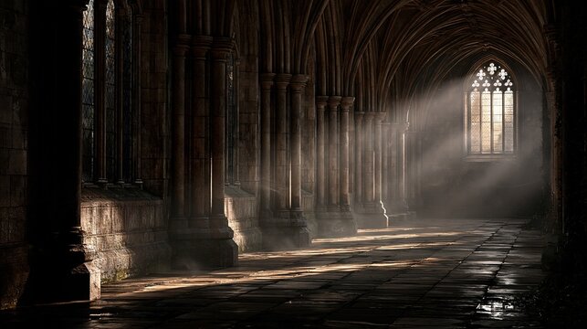 Paris France Europe lifestyle. A detailed, atmospheric photograph of a Gothicstyle cathedral corridor. The corridor features tall.