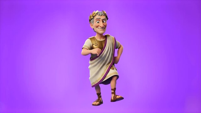 A stylized 3D cartoon character of an ancient Roman emperor or Julius Caesar wearing a laurel wreath and white toga performing a funny dance step in front of a solid violet backdrop. Great for histori
