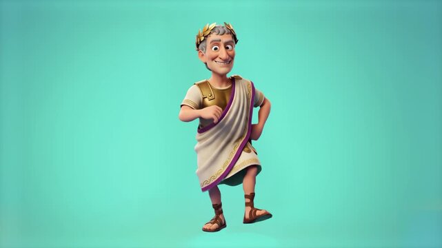 A happy 3D animated Roman emperor or senator character resembling Julius Caesar, wearing a traditional white toga and golden laurel wreath, dances playfully against a solid turquoise backdrop. Perfect