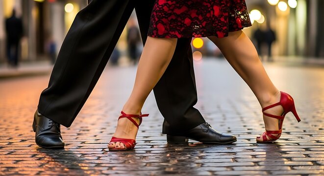 Couple dancing tango on cobblestone street at night with dramatic lighting
