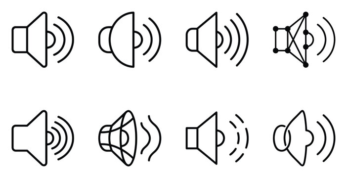Collection of speaker and sound wave icons illustrating varying audio output levels and intensity.