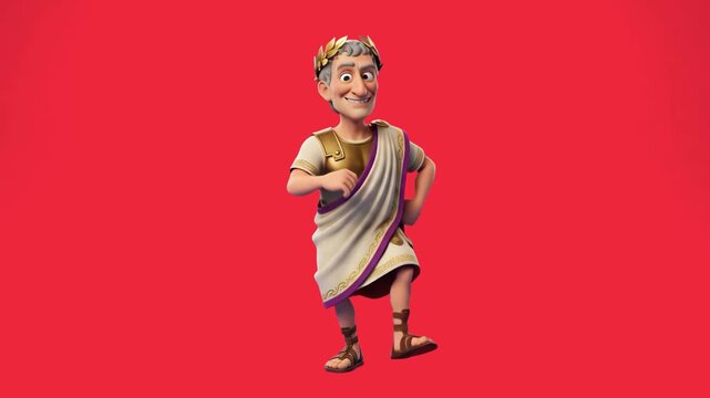 A funny 3D cartoon Roman Emperor wearing a toga and laurel wreath dances against a bright red background. Excellent for history education, classical antiquity concepts, comedy sketches, and historical