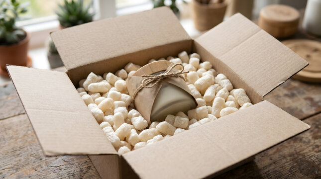 Cardboard box with a carefully wrapped gift surrounded by packing peanuts.