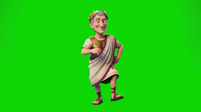 A smiling 3D stylized Roman Caesar character wearing a white toga and gold laurel wreath performs a cheerful dance. The historical ruler animation is isolated on a chroma key green background.