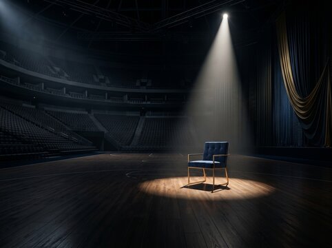 Luxurious Blue Velvet Chair Under Single Dramatic Spotlight in a Huge Empty Dark Arena, Concept of Leadership, Casting, Opportunity, and Success in Performance Theater Stage