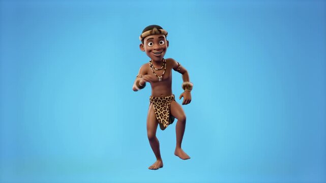 A friendly 3D cartoon character of an indigenous tribal man wearing a leopard-print loincloth, armbands, and a traditional headband, executing a rhythmic dance step in front of a solid blue studio bac