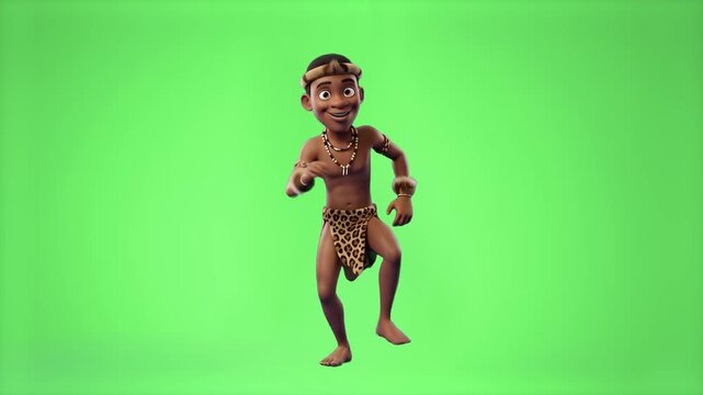 A detailed 3D animated character of an indigenous boy in traditional leopard-print loincloth dancing with energetic movements. The scene features a solid chroma key green screen background for easy vi