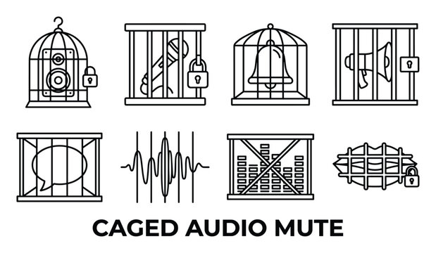 Line art caged audio mute icons with speaker microphone bell megaphone and speech bubble silence symbols.