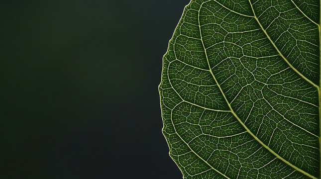 Detailed macro view of green leaf veins against dark background
