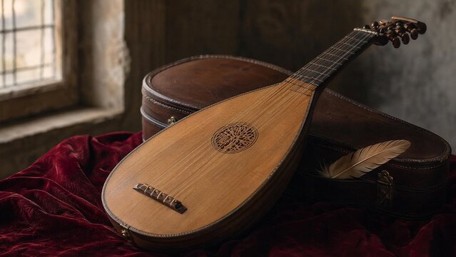 lute. Medieval lute resting on velvet cloth with a feather tucked in its case. event programs, museum guides, designed for cultural heritage projects and event programs, supports education.