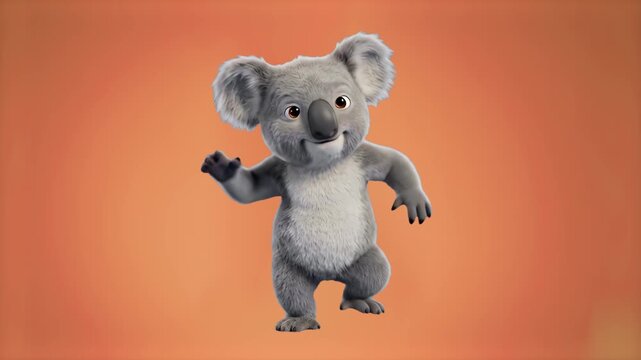 A fluffy 3D animated cartoon koala character dancing joyfully with dynamic step movements. The realistic textured animal mascot is set against a warm, solid orange studio backdrop.