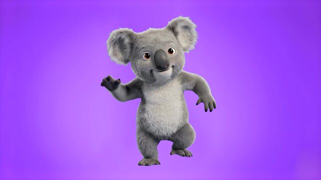 A cheerful 3D stylized koala bear character performs a fun dance routine with a friendly smile. The animated marsupial is isolated on a solid purple backdrop.