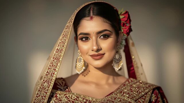 Elegant Indian woman posing in vibrant traditional red and gold attire with embellished jewelry and flowers