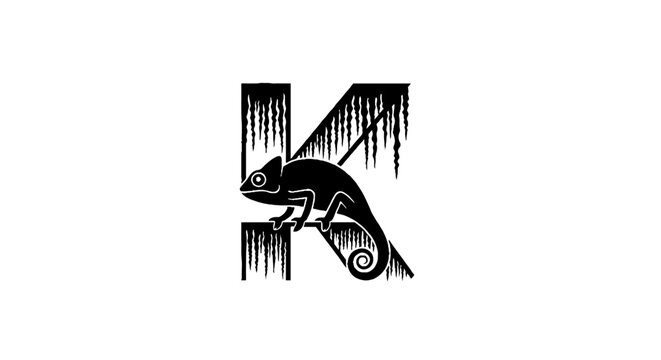Chameleon wrapped around stylized letter K design.