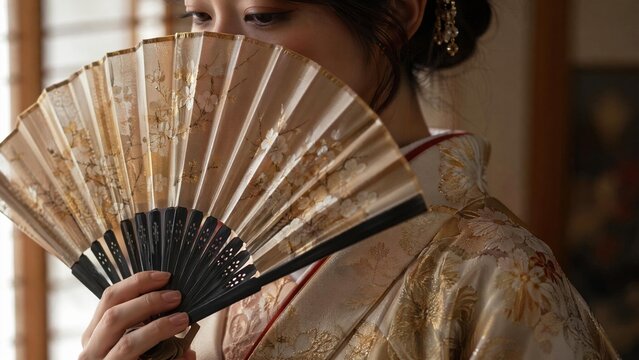 kimono. Silk folding fan half-concealing a kimono embroidered with gold thread. event programs, museum guides, designed for cultural heritage projects and event programs, preserves heritage.