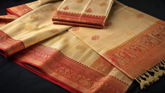 chador. Traditional Assamese silk garment with gold and red patterns on dark background. event programs, museum guides, designed for cultural heritage projects and event programs.