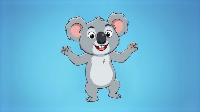 A cheerful 2D animated grey koala character moves energetically, doing a joyful dance loop against a clean, solid light blue backdrop. This high-quality children's animation is perfectly tailored for 