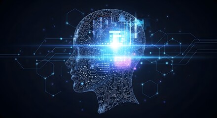 Fototapeta premium A futuristic digital illustration of a human head with glowing blue circuits and a bright light representing advanced technology and artificial intelligence.
