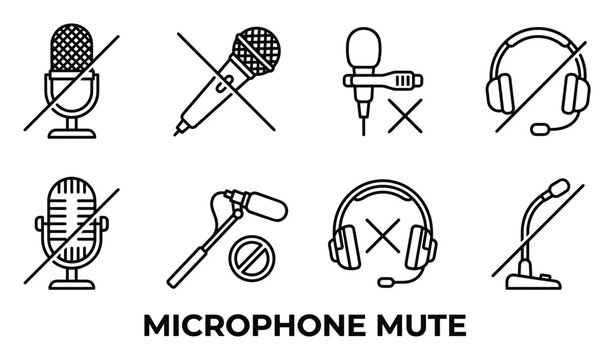 Microphone mute icons outline set representing silenced disabled prohibited broken and locked audio input symbols.
