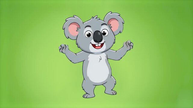 An adorable 2D cartoon koala bear character dances excitedly with a wide smile and arms raised. The fluffy Australian wildlife illustration is isolated on a soft green backdrop.
