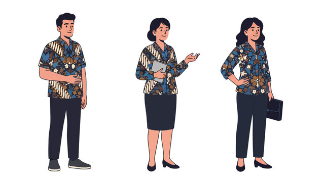 Three people wearing traditional Indonesian batik shirts and dark pants, standing against a white background.