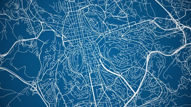 Ink reveal animation of Saint &Eacute;tienne, Loire, Auvergne Rh&ocirc;ne Alpes, France grid map. Aerial top view. Blueprint style. White lines with blue background. 4K Seamless loop.
