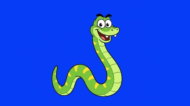 A friendly 2D animated green snake with yellow stripes smiles and dances joyfully. The cartoon reptile character is isolated on a blue chroma key screen.