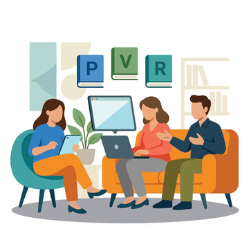 Team studying with pvr books in flat vector art.