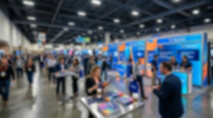 Fototapeta premium Blurred business expo hall crowd networking at trade show convention for corporate marketing