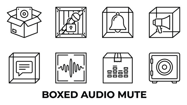Outline icons showing boxed audio mute for sound and music content delivery.